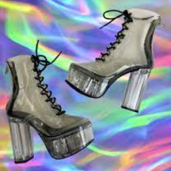 💥KILLER BOOTS!💥DOLLS KILL CURRENT MOOD TRANSPARENT PLATFORM LACE -UP BOOTS - Picture 3 of 16